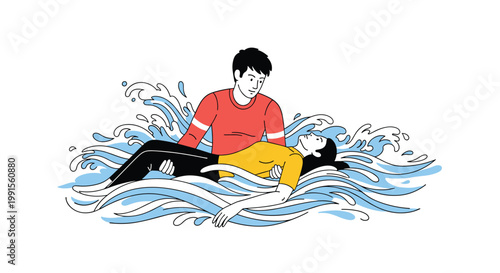 Brave man rescues a woman from turbulent blue water by carrying her through the crashing waves in a dramatic scene of safety and help.