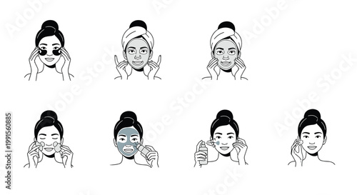 Step-by-step beauty routine guide showing a woman applying various skincare treatments like face masks, eye patches, and facial sprays.