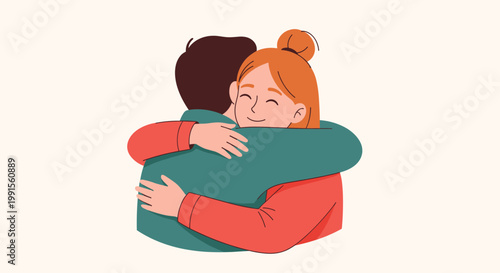 Warm and affectionate illustration of a young couple sharing a tight and loving embrace against a simple neutral background for romance.