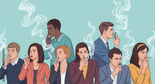 Large group of diverse men and women in professional attire are shown smoking cigarettes with swirling white smoke trails in the air.
