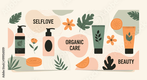 Horizontal banner showcasing organic care and self-love beauty products including soap, lotion, and cream with natural elements.