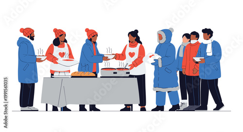 Diverse group of volunteers serving food and supplies to people in need at an outdoor charity station during cold weather.