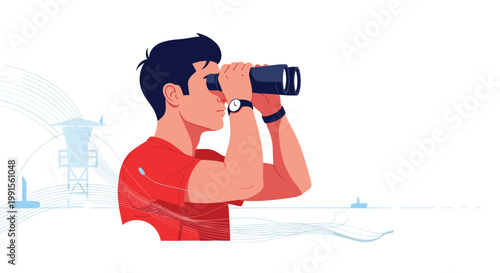 Profile of a man in a red shirt using binoculars to look out over the ocean with faint outlines of a lighthouse and boat.