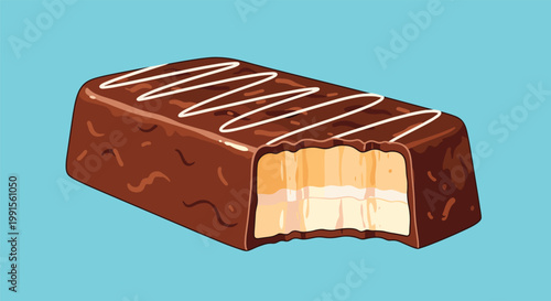 Close up illustration of a chocolate covered snack bar with a bite taken out to reveal creamy layers of nougat and caramel.