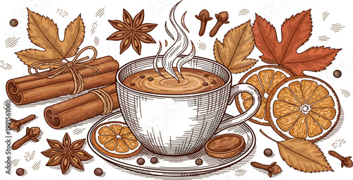Autumn Coffee Cup Illustration with Cinnamon Orange Leaves Star Anise and Cloves for Seasonal Cafe Menu Packaging Design