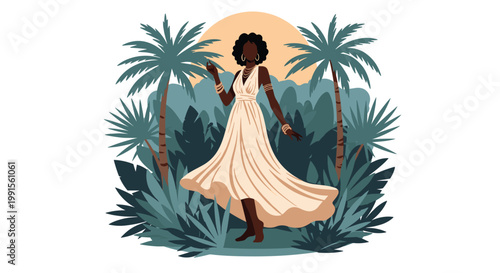 Beautiful African woman wearing an elegant white dress and gold jewelry standing amidst lush tropical jungle foliage at sunset.