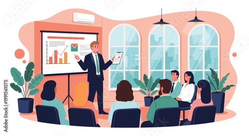 Professional business leader giving a presentation with charts and graphs on a whiteboard to a group of colleagues in an office.