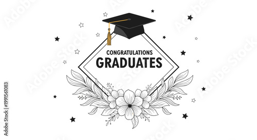 Formal graduation greeting card design with a black academic cap, floral wreath, stars, and congratulations graduates text.