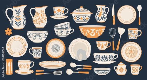 Diverse collection of decorative ceramic kitchenware including plates, cups, bowls, and pitchers with blue and orange patterns.