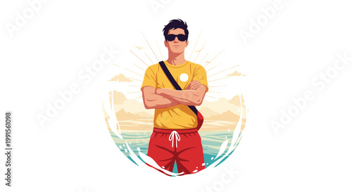 Confident male lifeguard wearing a yellow shirt and red shorts standing with arms crossed against a beach sunset background.