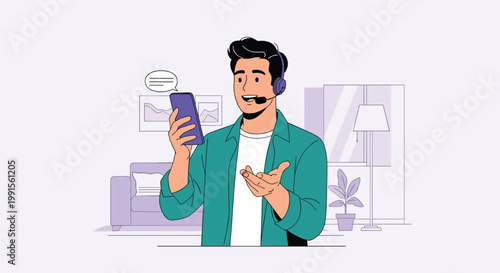 Friendly customer support agent wearing a headset and holding a smartphone while working in a modern home office environment.