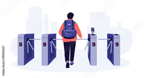Traveler with a large blue backpack walking through an automated ticket turnstile gate at a transportation hub or urban building.
