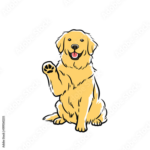 Hand Drawn Colored Golden Retriever Dog Greeting and Waving Paw Vector Illustration