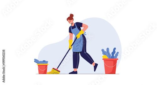 Cheerful janitor or house cleaner in a blue apron and yellow gloves mopping a floor with buckets and cleaning tools nearby.