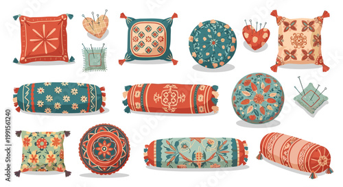Collection of various decorative pillows with intricate patterns and pincushions for sewing in different shapes like hearts and circles.