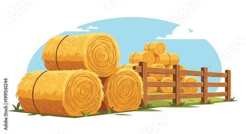 Rural farmland landscape with golden rolled hay bales in a field next to a long wooden fence under a cloudy blue afternoon sky.
