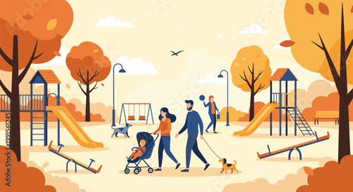 Vibrant autumn day at a local park where families and pet owners enjoy the playground and walking paths surrounded by orange trees.