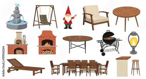 Large set of garden accessories and outdoor furniture including a brick fireplace, barbecue, lounge chair, and stone fountain.