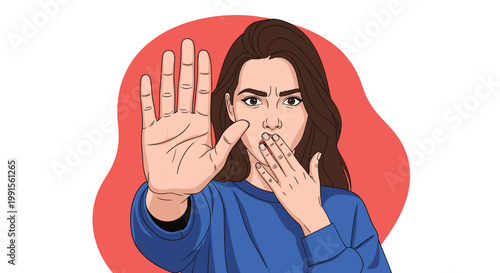 Young woman in a blue sweater making a stop hand gesture and covering her mouth with her other hand in a serious expression.