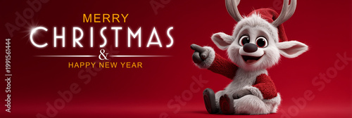 A Small, Adorable Cute Reindeer Dressed as Santa Claus Points to the Words Merry Christmas and Happy New Year While Sitting on a Red Background with Copy Space. Generative Ai.