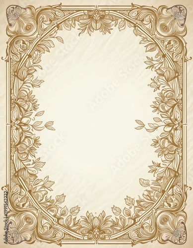 Ornate floral border in art nouveau style. Decorative frame with natural motifs. Elegant design for invitations cards certificates or stationery. Classic vintage ornament with leaves flowers.