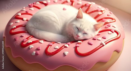 Sleeping white cat in donut with pink icing and sprinkles