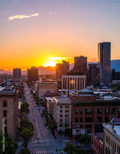 Denver Colorado City Skyline At Sunset With Rocky Mountains Peaks And Urban Street Traffic View In Golden Hour Light