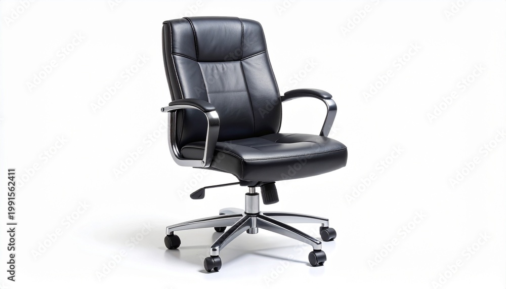 Obraz premium A Modern Black Leather Executive Office Chair with Chrome Accents and Wheels on a White Background