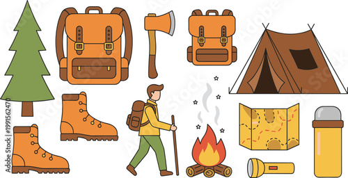 Vector illustration of camping and hiking gear including backpacks, boots, tent, campfire, map, flashlight, and thermos