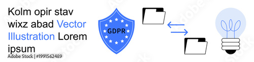 Data security, GDPR compliance, innovation, file sharing, digital safety, legal policies. Shield marked GDPR, folders with arrows and an idea bulb. Data security and GDPR compliance theme
