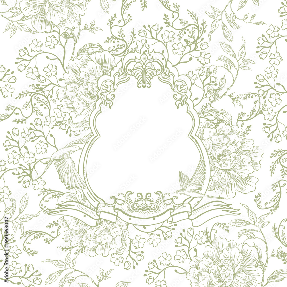 Obraz premium Vintage Toile de Jouy card with Peonies and leaves.