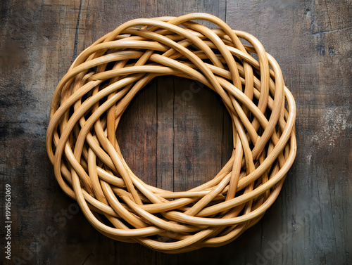Woven Rattan Wreath on Rustic Wood Surface Close-up Detail