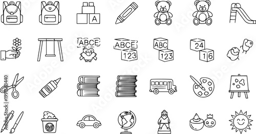 Children's Education  Learning Line Art Icons. School, Kindergarten  Play Outline Symbols Collection.