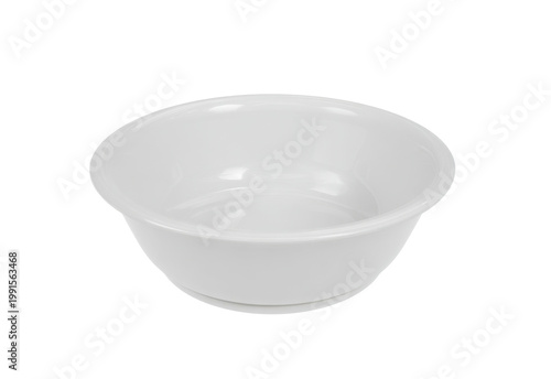 Pristine Empty White Ceramic or Porcelain Bowl for Serving and Prep, Isolated on a Clean White Background with Subtle Reflections and Glossy Finish
