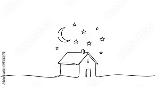 Minimalist Line Art House Night Scene PNG Illustration for Background Design