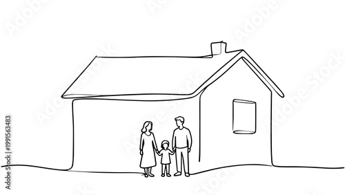 Minimalist Line Art Family in Front of House Illustration for Background Design