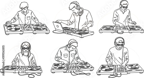 DJ People Set with Turntable Mixer Headphones and Music Performance Characters in Outline Style Vector Illustration Collection Design Pack