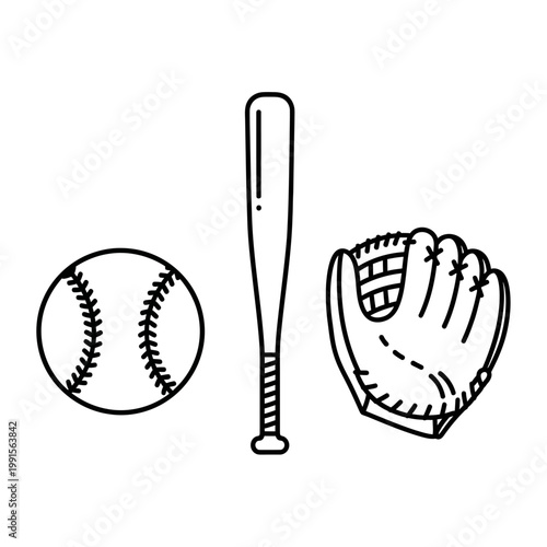 Tableau sur toile A black line drawing depicts a baseball, bat, and glove on white.