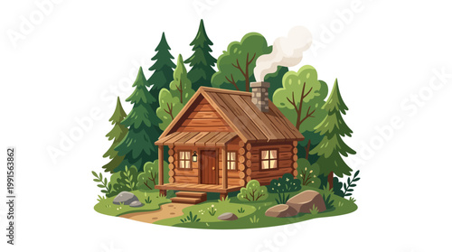 Small wooden cabin in forest.