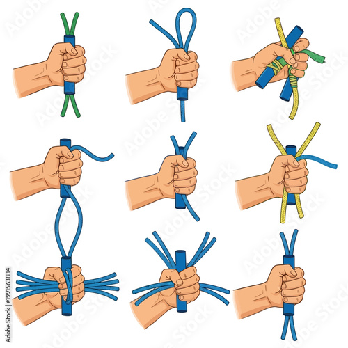 Hands demonstrating various knot techniques with colored ropes step-by-step.
