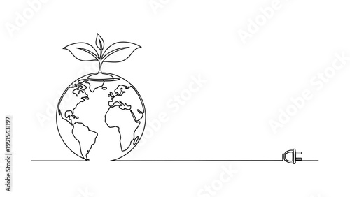 Earth with sprouting plant and power plug symbolizing green energy. Continuous line style. Hand drawn. Line art. Vector design. illustration
