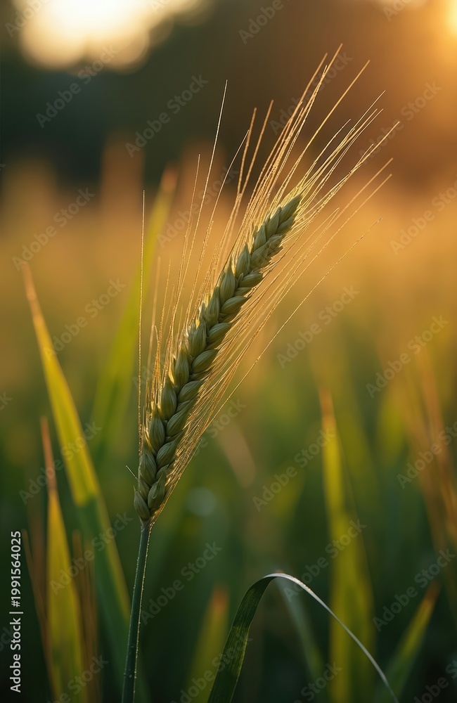Fototapeta premium Golden wheat stalk grows in sunlit field. Close up on green grain ear against warm sunset light. Agricultural plant in rural farm setting during summer harvest season.