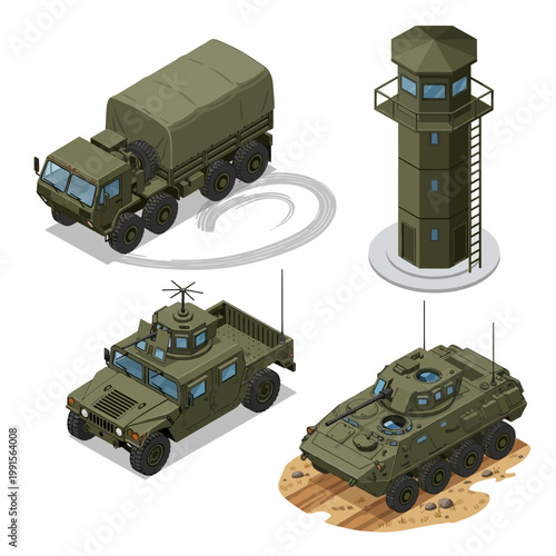 Military vehicles and tower in desert landscape with truck and tank