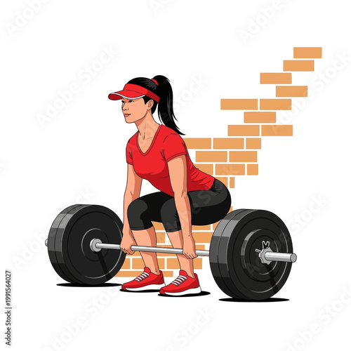Woman lifting weights in front of broken brick wall with effort