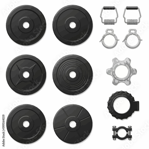 Various industrial parts including black discs and metal clips arranged on white surface