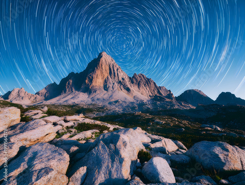 Star Trails Over Rocky Mountain Landscape at Twilight
