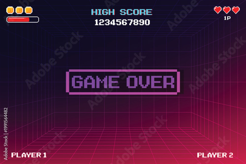 Game Over, Retro games for game assets in retro futuristic sci-fi background vector illustration. Glowing neon from an old arcade