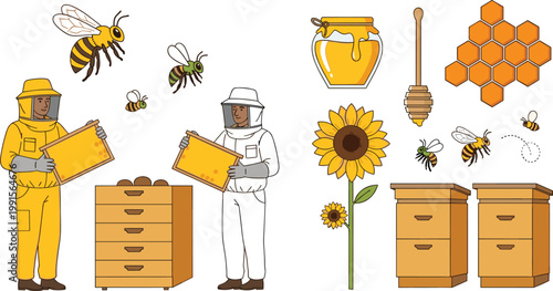 Beekeeping elements set with beekeeper holding honey frames bees honey jar sunflower and hives cartoon agriculture apiary concept isolated illustration.