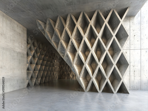 Modern concrete architecture with diamond pattern facade and interior space