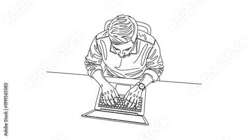 Man working diligently on laptop computer in modern office setting. Continuous line style. Hand drawn. Line art. Vector design. illustration